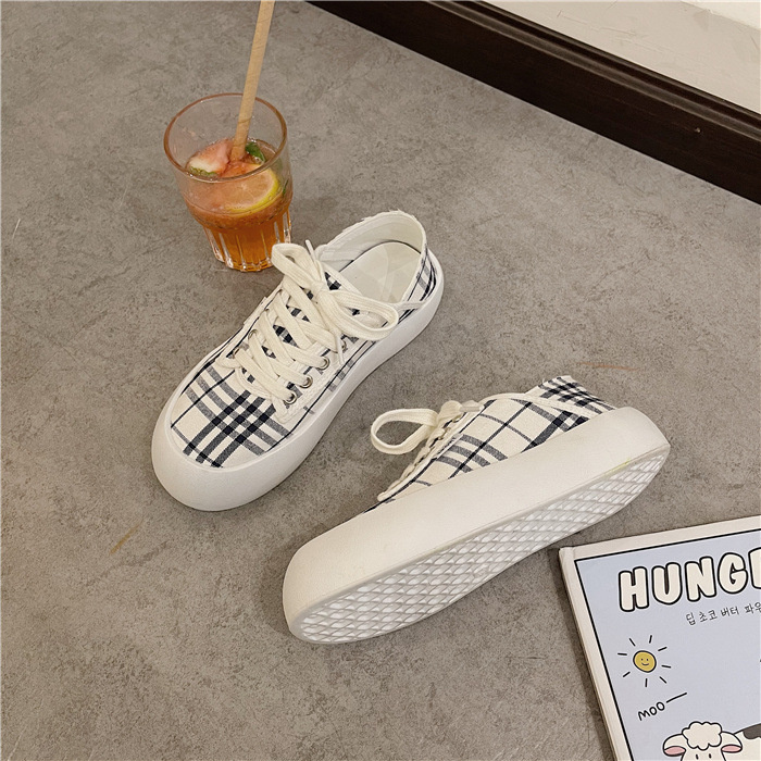 2021 spring and summer fashion casual shoes female plaid color matching design lace-up platform college style simple sneakers