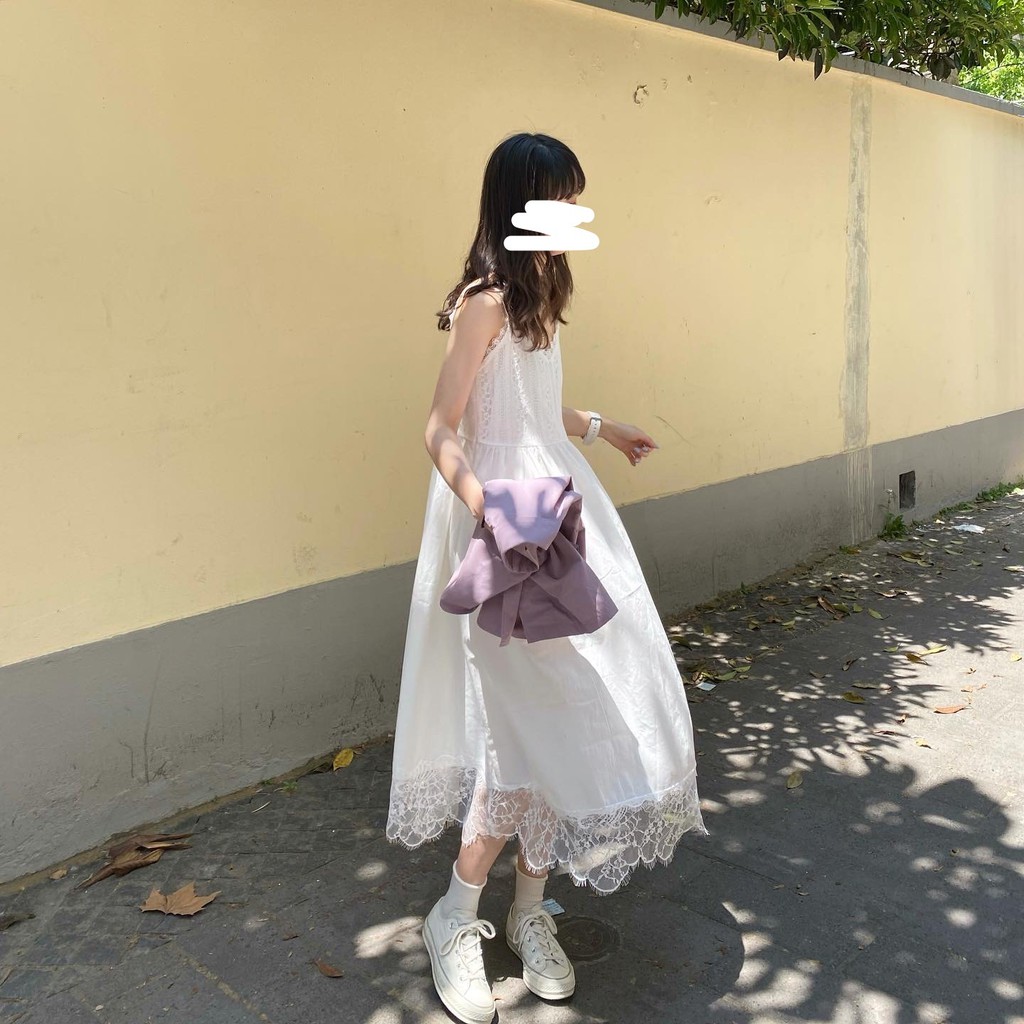 [Ảnh thật] Đầm babydoll 2 dây cổ tim thô đũi viền ren / Váy dây đi biển dáng xoè
