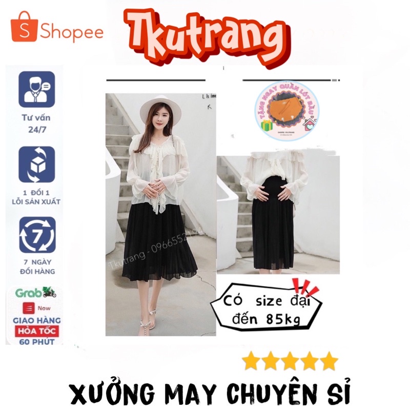 Chân váy bầu dài xếp ly 2 lớp lưng cao phong cách Hàn Quốc thời trang cho bà bầu-váybầu-trumsidobau