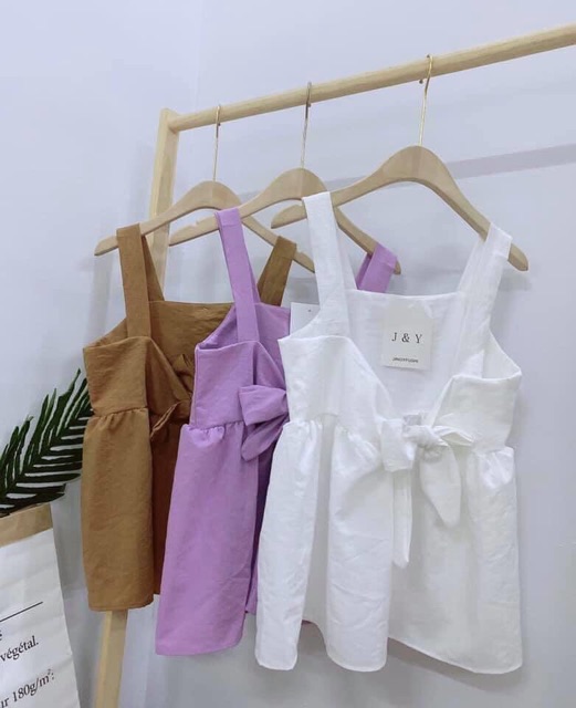 Áo babydoll hai dây bản to buộc nơ sau chất đũi lụa