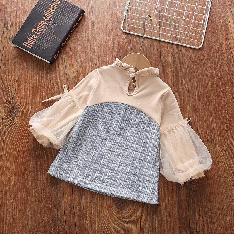 váy con gái Đầm Dài Tay Phối Lưới Đính Nơ Cho Bé Gái 0-5 Tuổi