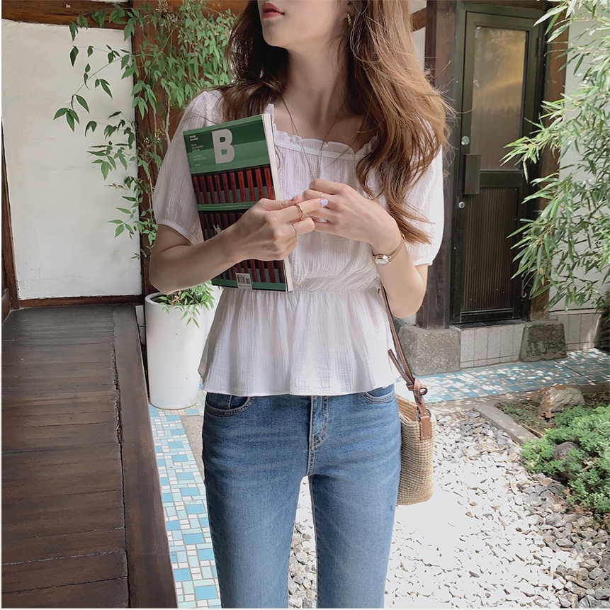 SUXI Áo Thun Tay Ngắn Cổ Vuông Màu Sắc Trơn Phong Cách Hàn Quốc Thời Trang Mùa Hè Cho Nữ