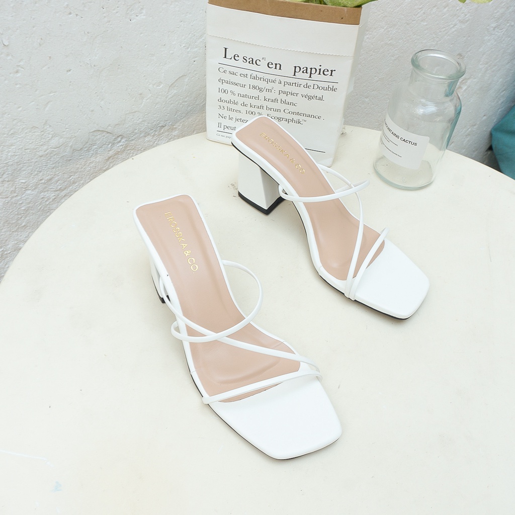 Dép cao gót  mũi vuông phối dây Hàn Quốc cao 7cm  _ EM074