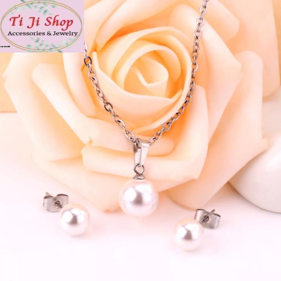 Combo Dây chuyền bông tai  inox ngọc trai nhân tạo