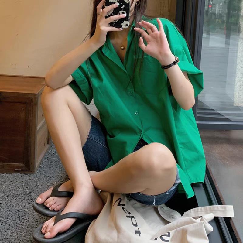 Áo Sơ Mi Nữ Labobo Áo Sơ Mi Nữ Kiểu Dáng Oversize Form Rộng Tay ngắn Vintage Đẹp Kiểu Hàn Quốc xanh