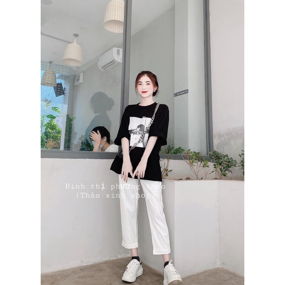 💃 Bộ Quần Kaki Trắng Kèm Áo Phông Đen In Hình Cô Gái