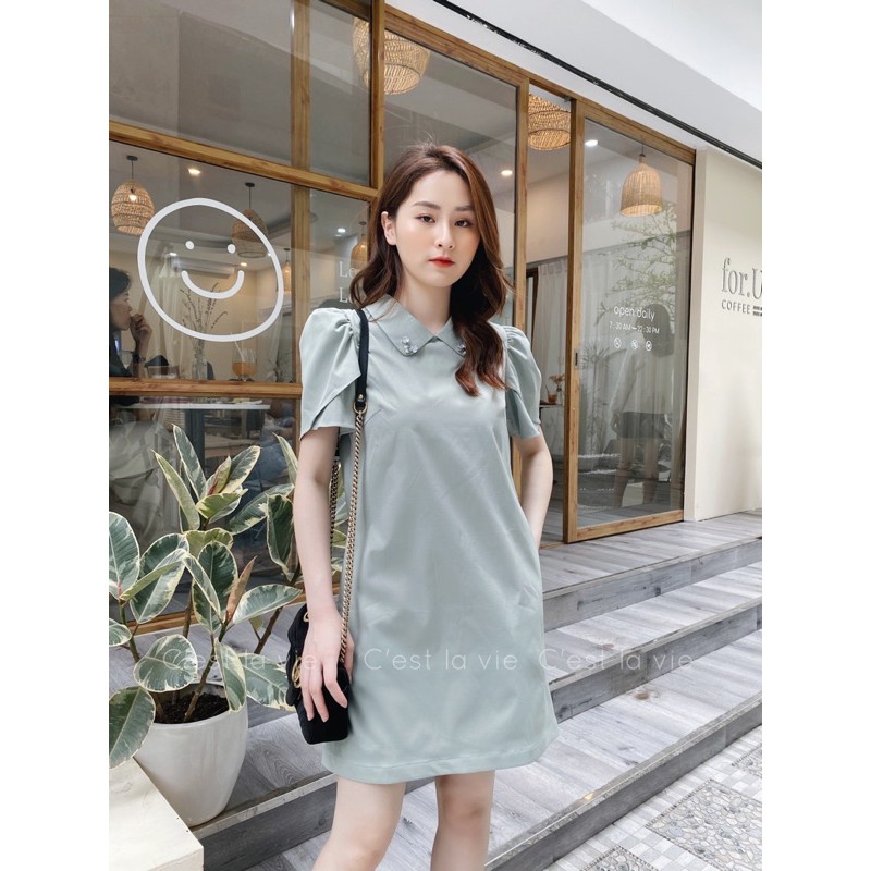Váy xanh mint chất thô hàn cổ đính đá