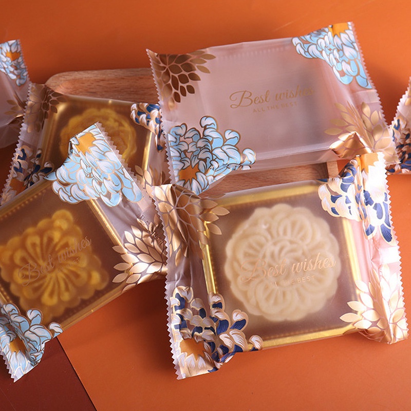 Set 100 Túi Đựng Bánh Trung Thu / Kẹo Bằng Nhựa Trong Suốt Họa Tiết Hoa Cúc