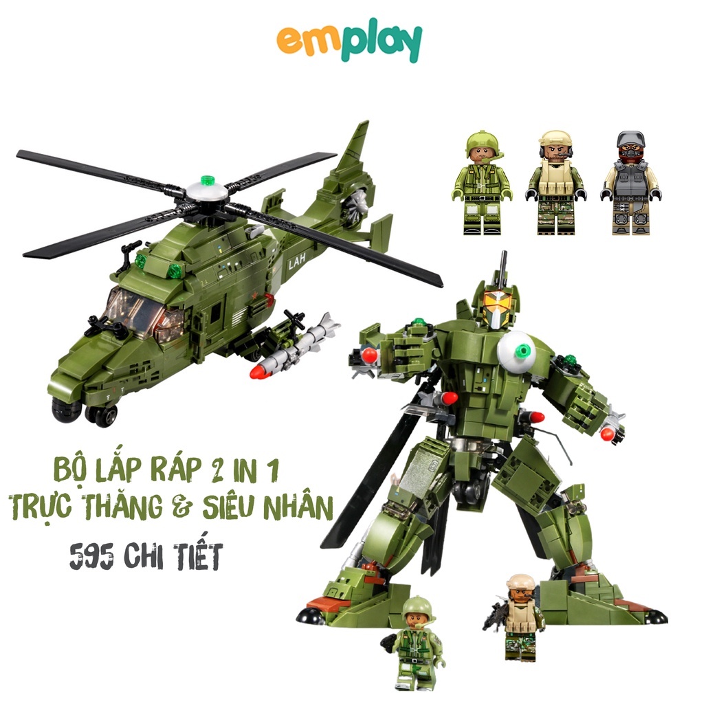 Đồ chơi lắp ráp xếp hình lego cho bé trai 2 trong 1 mô hình siêu nhân và máy bay chiến đấu 595 chi tiết Emplay