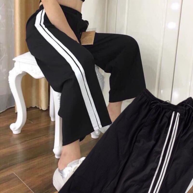 Quần thể thao ống rộng 3 sọc suông nữ vải Umi dày có túi viền kẻ trắng,Quần jogger đi học thể dục cá tính