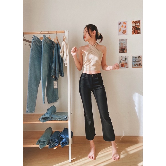 Quần Jean nữ ống loe lưng cao 9 tấc REVERCLOTHINGS, quần bò nữ đen xanh