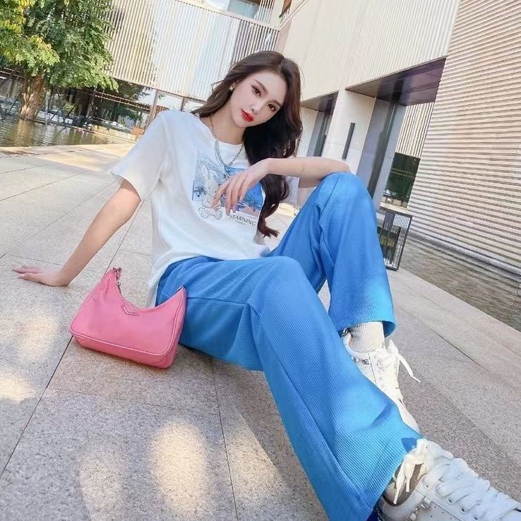 Summer new suit high waist casual ice wide leg pants women loose and versatile short sleeve T-shirt sports two piece set