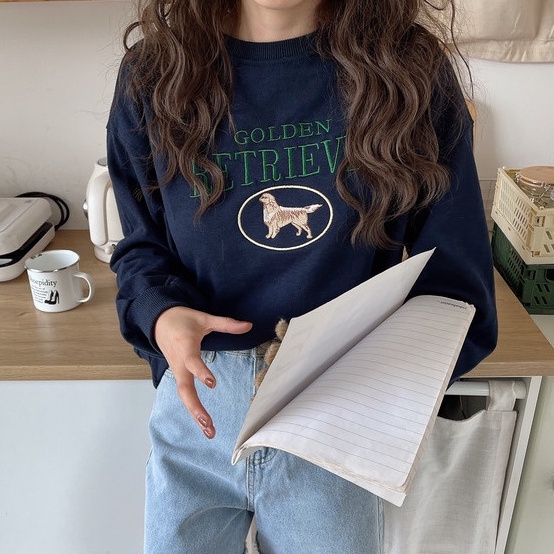 Áo Nỉ Cổ Tròn Dài Tay In Chữ Phong Cách Retro Kiểu Mới 55623