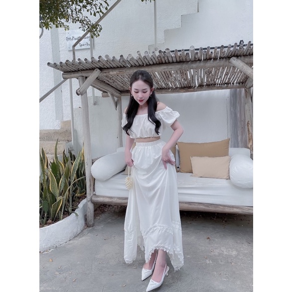 [FREESHIP ]Set trắng phối ren bẹt vai tay ngắn