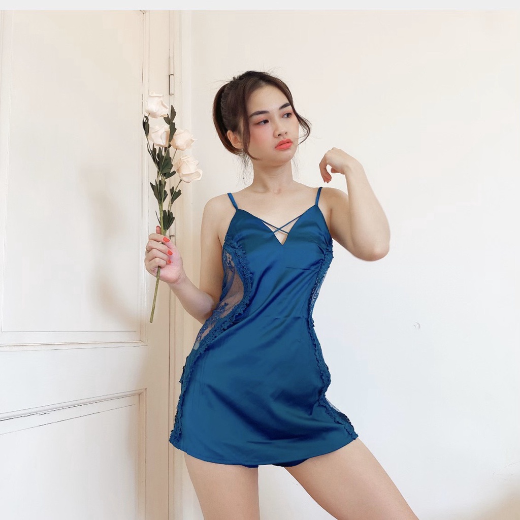 Váy ngủ sexy , đầm ngủ sexy phối ren sườn chất satin kèm quần sexy quyến rũ gợi cảm che tên khi gửi  - MIN SHOP