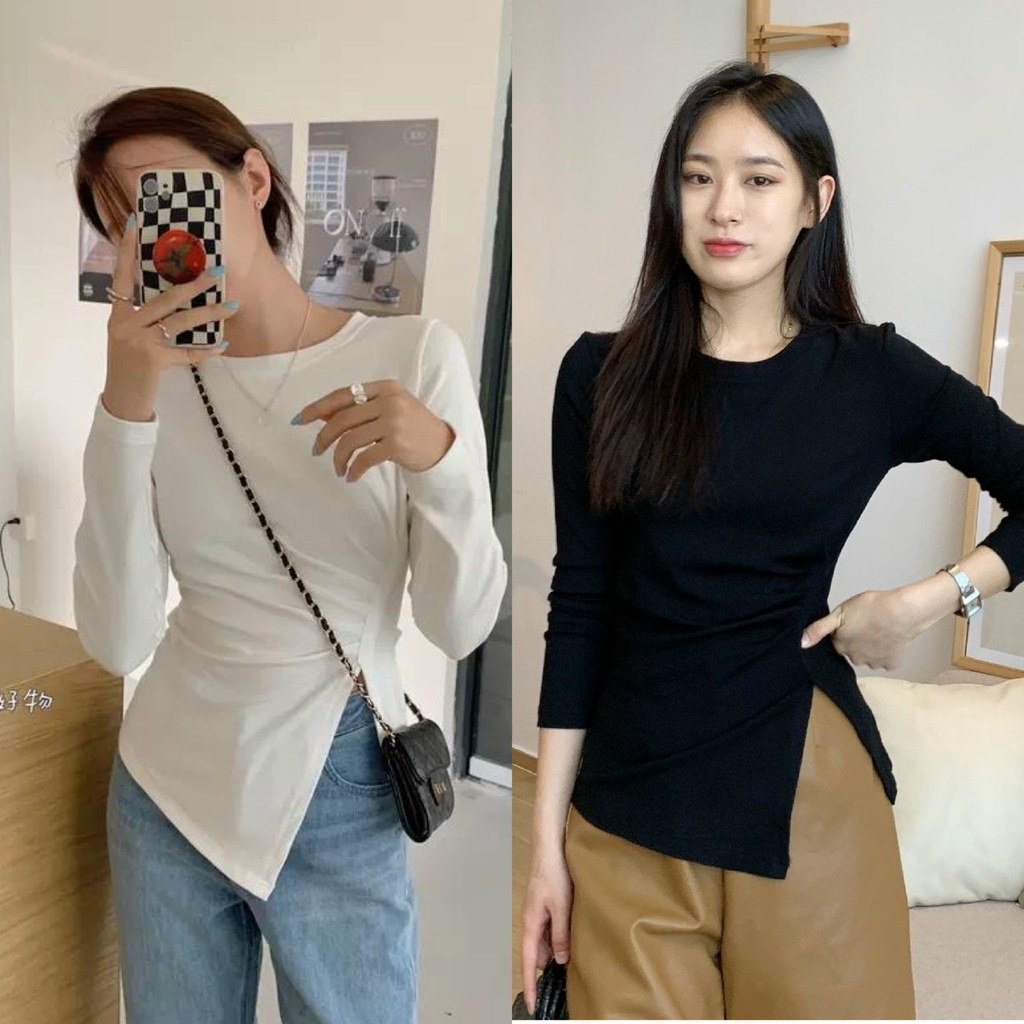 Áo Thun Nữ Dài Tay Basic Kiểu Nhún Eo Vạt Lệch Xẻ Tà Chất Cotton Mềm Co Dãn Tôn Dáng