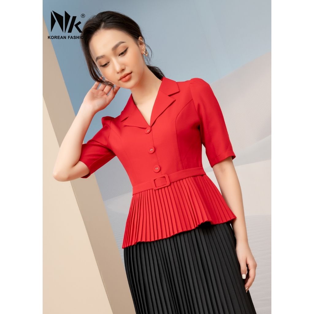 Áo Ký Giả Peplum Dập Ly NK Fashion Thiết Kế Tay Ngắn Bo Eo Điệu, Chất Liệu Nhập Hàn Mềm Mịn NKFSM2110001