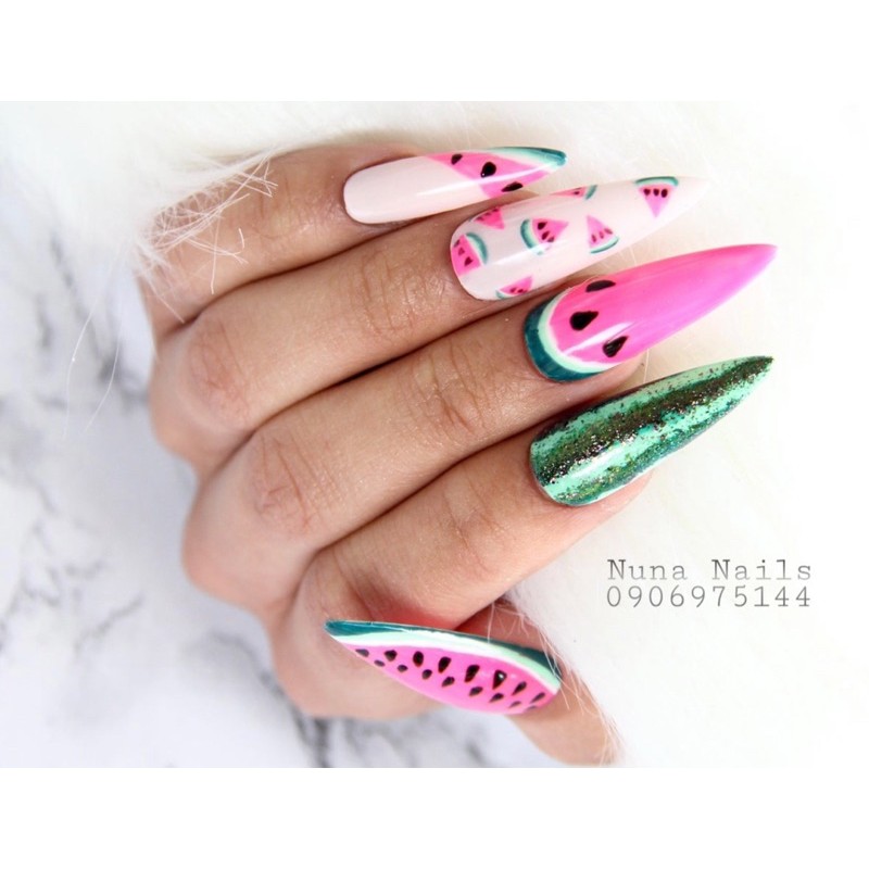nailbox móng úp thiết kế dưa hấu Hồng đỏ có thể đổi màu inbox chọn size và shape  đầy đủ phụ kiện CÓ NOW SHIP