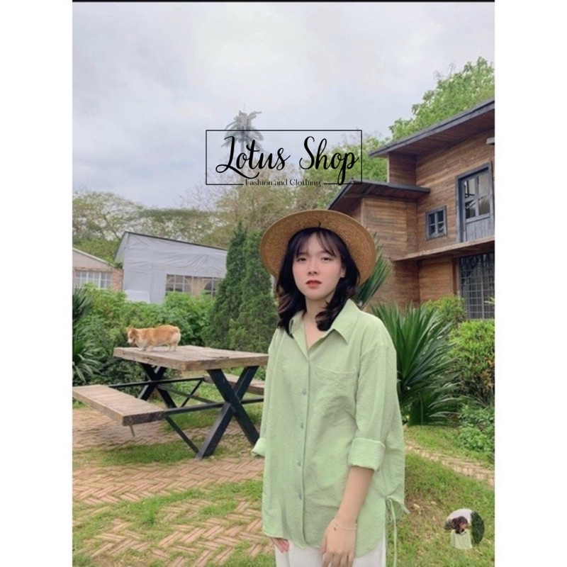 Set áo sơ mi xanh thắt nơ hông + quần trắng mẫu chị Linh Ngọc Đàm