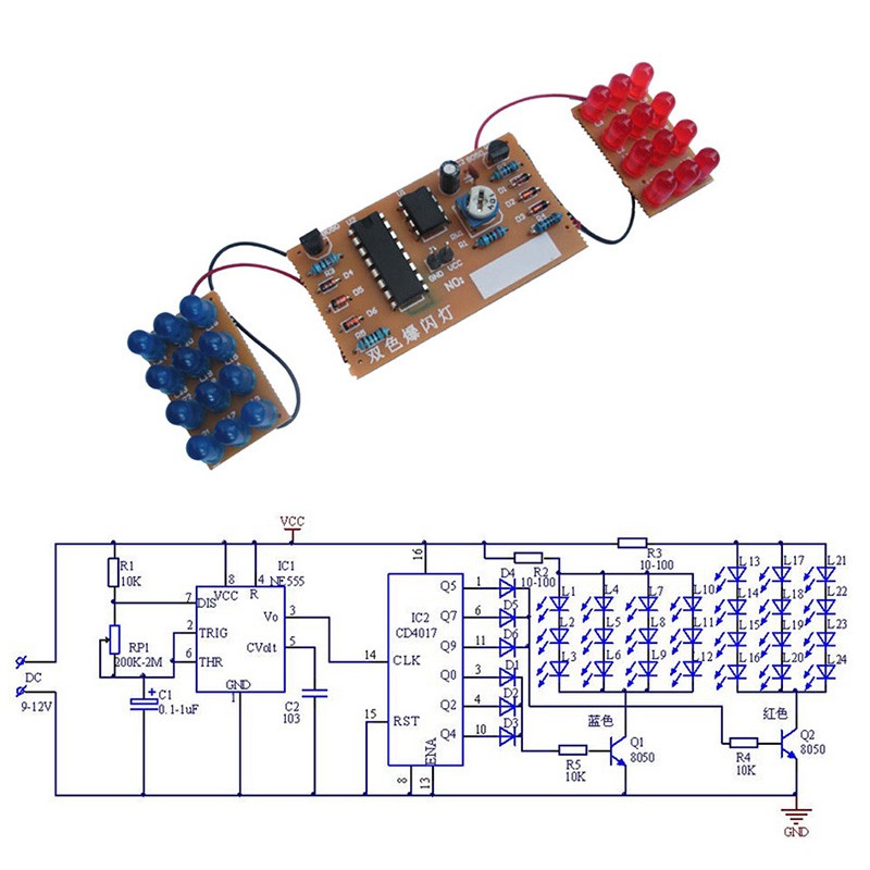Bộ phụ kiện đèn LED kép nhấp nháy xanh đỏ NE555 + CD4017 DC 9V - 12V