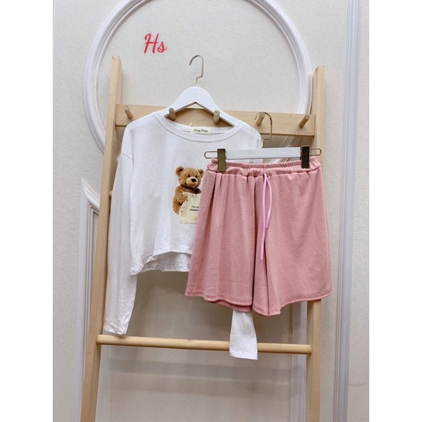Bộ gấu tay dài quần đùi hồng HSU1