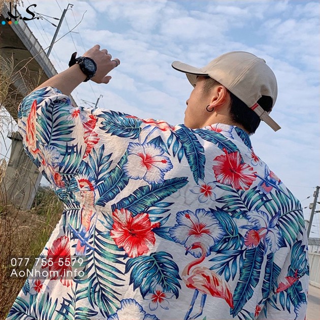 Áo Sơ Mi Hawaii Đi Biển Mềm Mát - Chim Hồng Hạc Bông Bụt - Áo Đôi Đồng Phục Nhóm Lớp Team Building Hoạ Tiết Hoa Lá