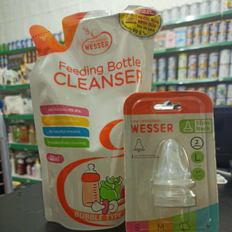 Combo núm ti wesser & nước rửa bình sữa wesser 500ml