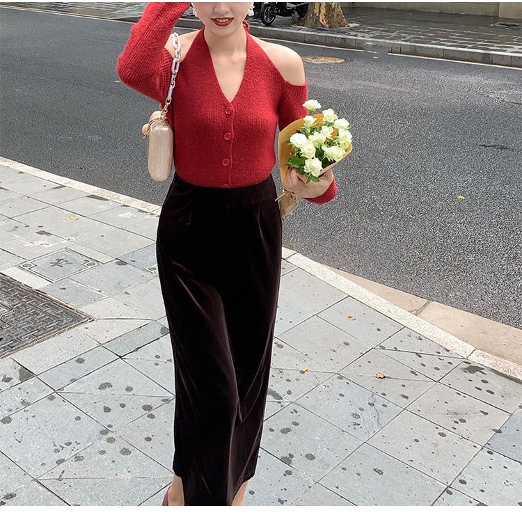 COZOK Áo sweater Tay Dài Hở Vai Kiểu retro Thiết Kế Quyến Rũ Cho Nữ