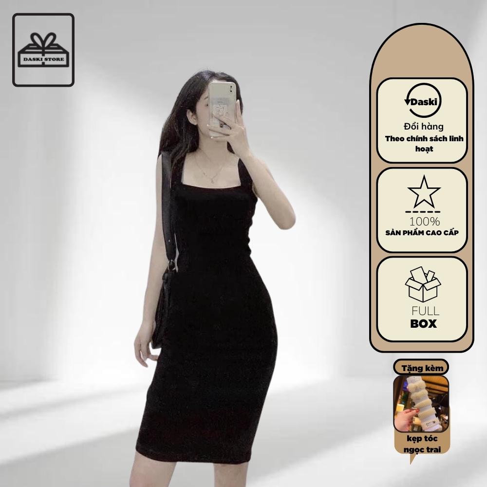 Váy hai dây body, Váy 2 dây bản to màu đen trơn bo zip DASKI