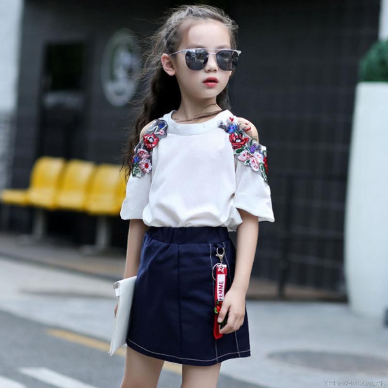 Set Áo Trễ Vai Tay Ngắn Hoạ Tiết Hoa + Chân Váy Cho Bé Gái