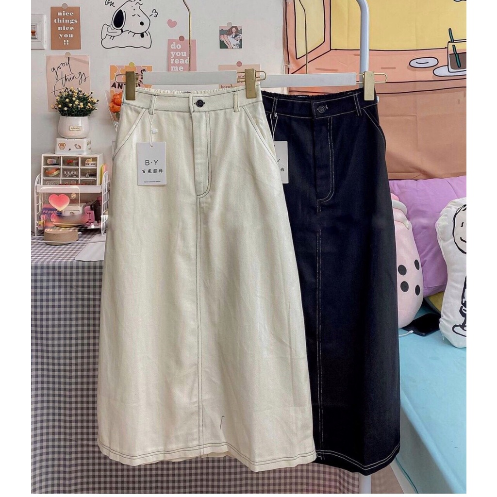 Chân váy kaki nữ FM Style dài qua gối midi thiết kế phối chỉ viền nổi xẻ tà sau phong cách Hàn Quốc 207290040