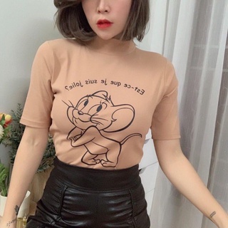 Áo Thun Nữ Cổ Lọ Tay Ngắn In Hình Chuột Jerry Chất Vải Cotton Co Giãn 4 Chiều Ôm Body  Cổ Cao Nhiều Màu