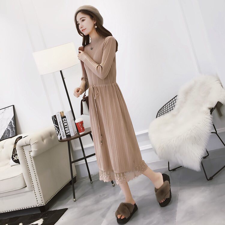 [GIÁ SỐC] ĐẦM CỔ CAO PHỐI CHÂN VÁY REN RÚT EO DL1356