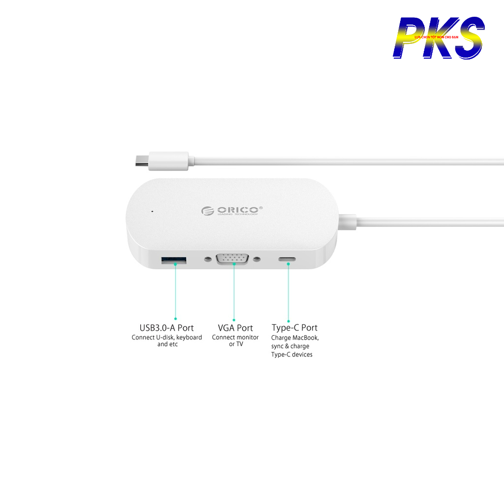 Cáp chuyển đổi đa năng Type-C to USB 3.0-A / Type-C / VGA Adapter ORICO TCV1 - Màu Trắng - Hàng chính hãng