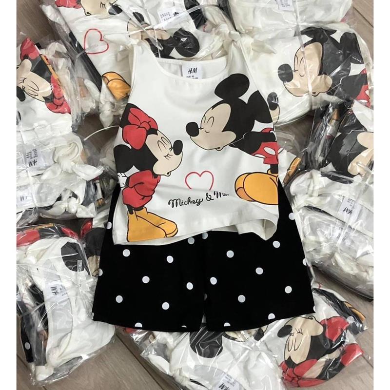 Bộ đồ bé gái sát nách buộc dây quần chấm bi đen hình mickey cho bé dễ thương JIMADO SF1982
