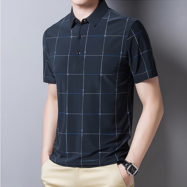 Áo Thun polo Tay Ngắn Dáng Ôm Vải Lụa Lạnh Mỏng Thoáng Khí In Họa Tiết Đơn Giản Thời Trang Cho Nam