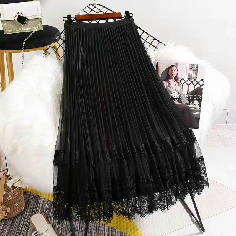 #9933 Chân váy xòe xếp ly ren lụa mặc 2 mặt hàng cao cấp Quảng Châu