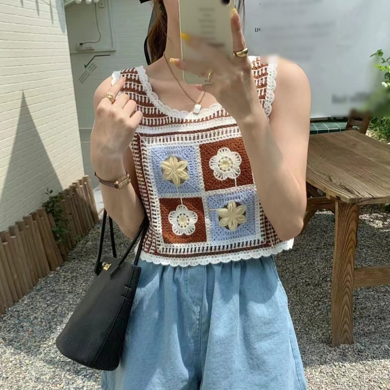 Áo Croptop Dệt Kim Sát Nách Thêu Họa Tiết Hoa Màu Sắc Tương Phản Thời Trang Mùa Hè Cho Nữ