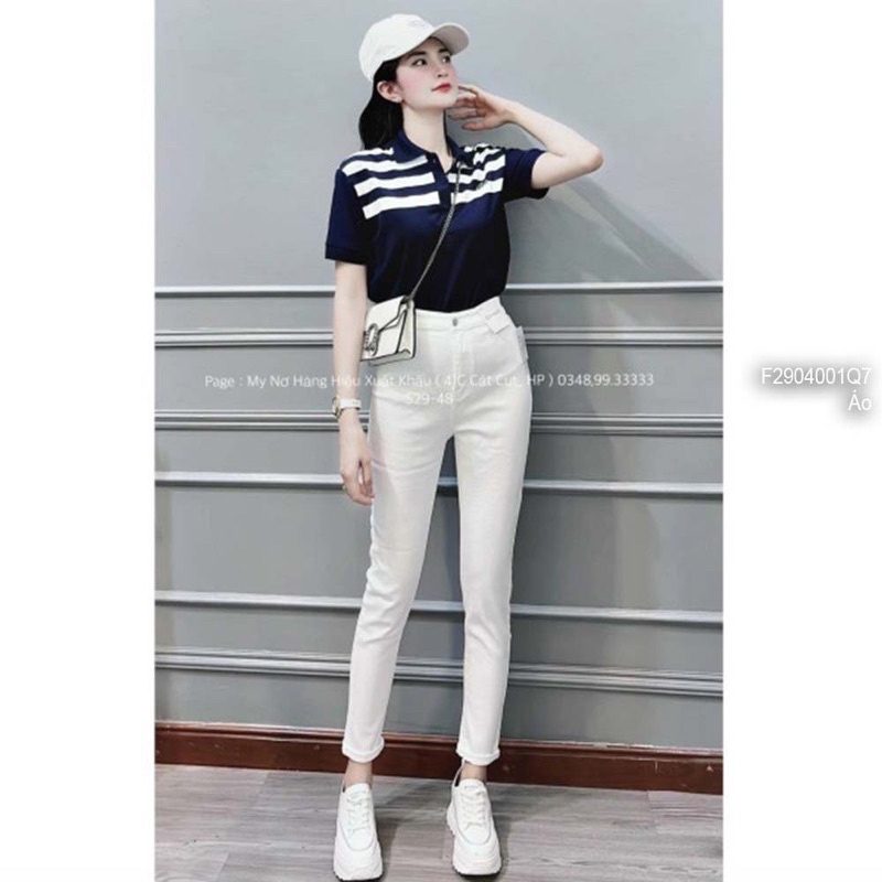 Áo thun cổ trụ phối sọc xanh đen