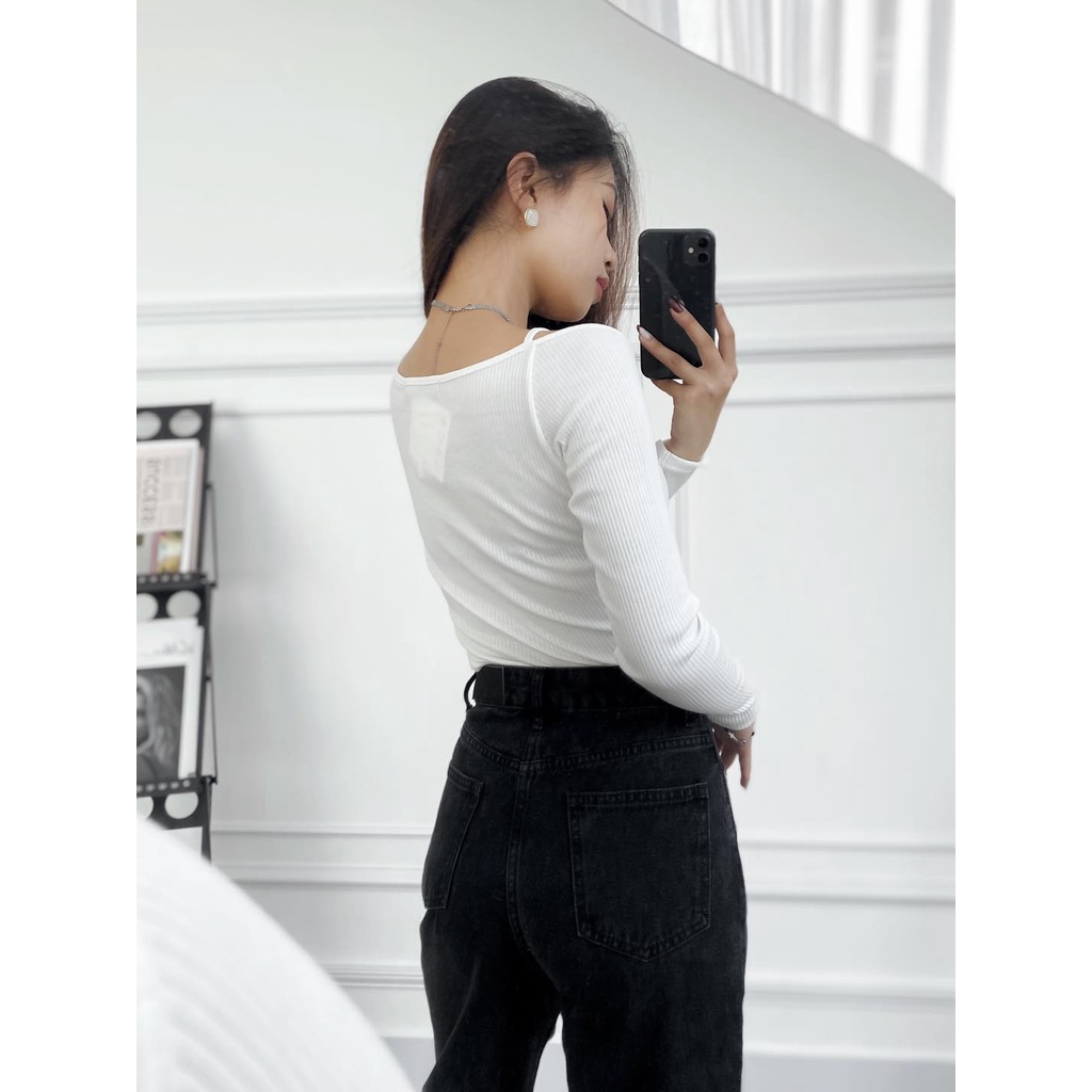 Áo kiểu thun tay dài cut out phần vai thời trang GAGO màu trắng GA3647