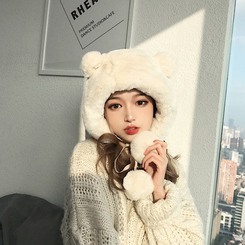 Mũ Trùm Đầu Mềm Mại Màu Trơn Đính Tai Gấu Bông Dày Dặn Ấm Áp Chống Gió Phiên Bản Nhật Bản Dễ Thương Cho Nữ Rai Feng