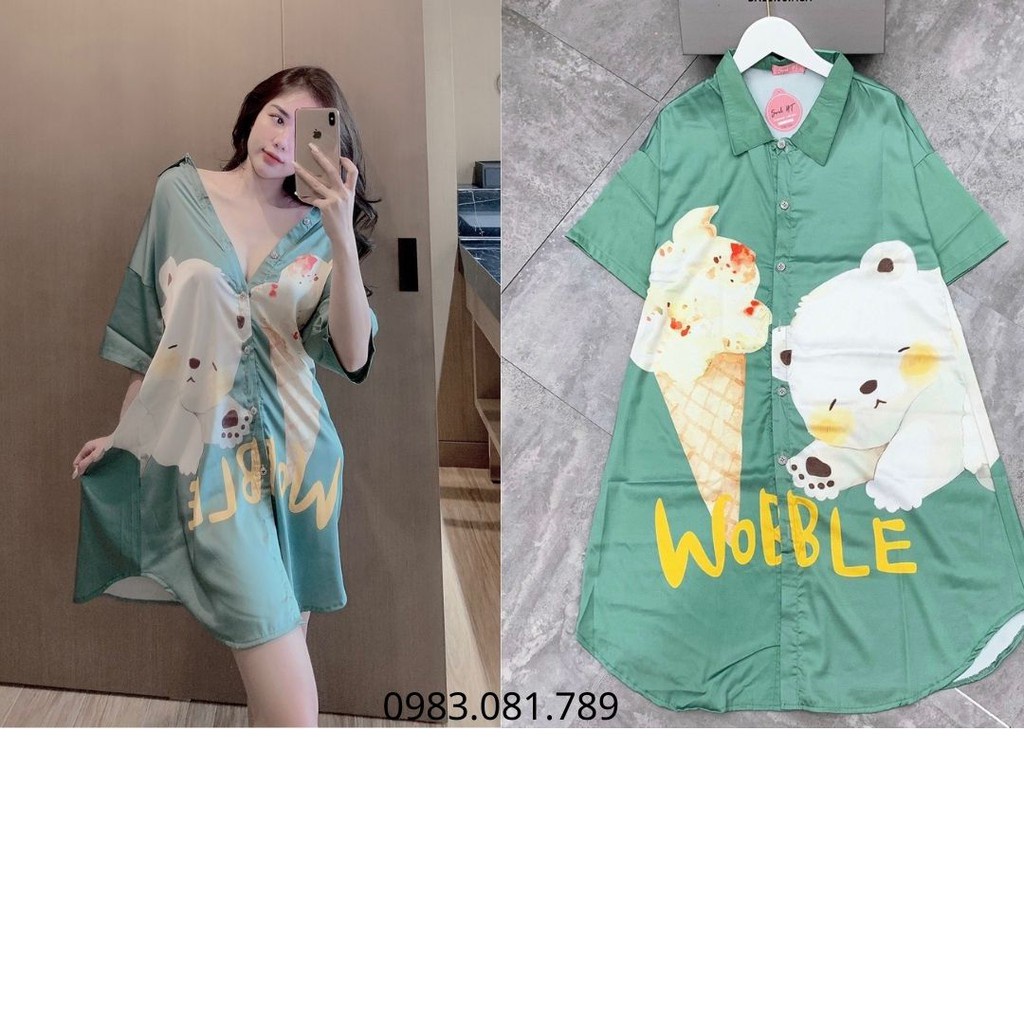 V030 Váy ngủ nữ lụa sơ mi cao cấp bigsize tay lỡ dài qua gối pijama chất mềm mịn Đầm mặc nhà trơn bóng latin mango đẹp