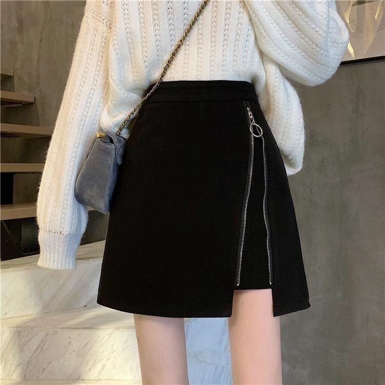 Chân váy chữ A lưng cao màu đen phong cách thu đông thời trang cho nữ