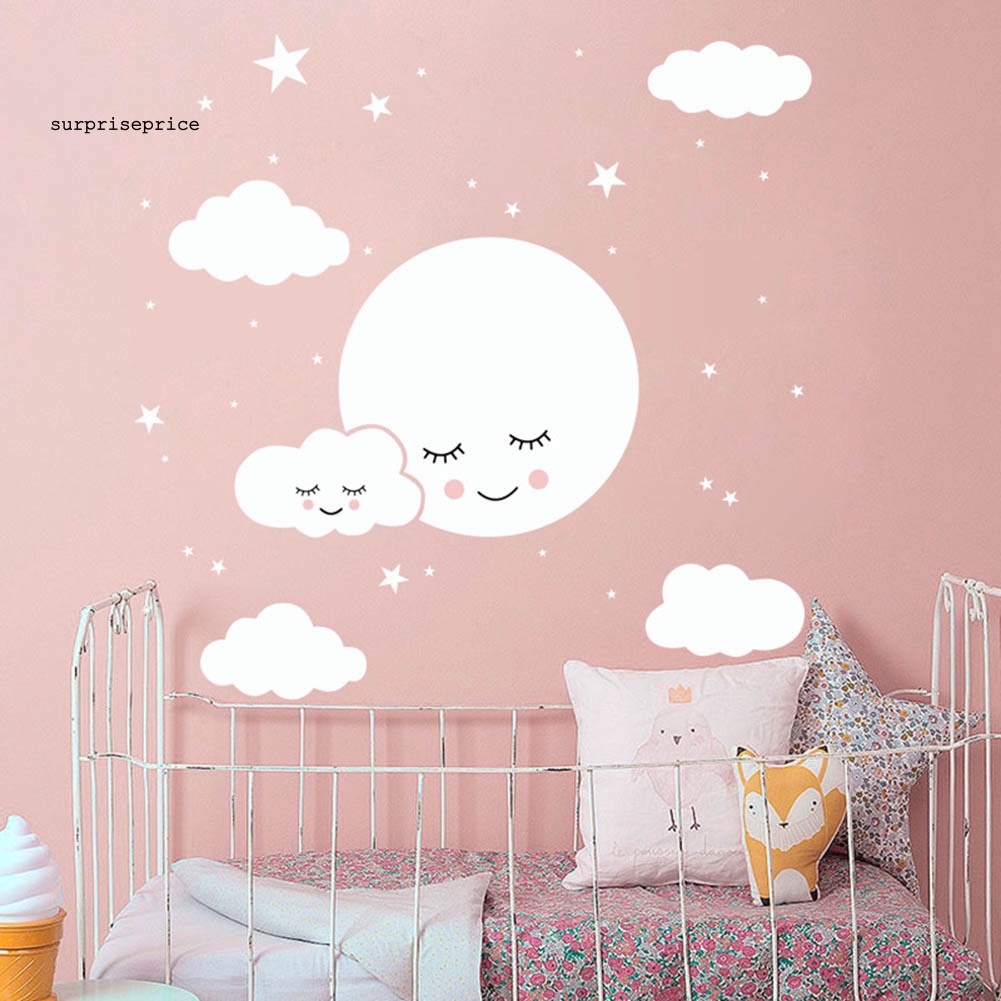 Decal dán tường Họa Tiết Mặt Trăng Ngôi Sao Đám Mây Hoạt Hình Dùng Trang Trí Phòng Trẻ Em