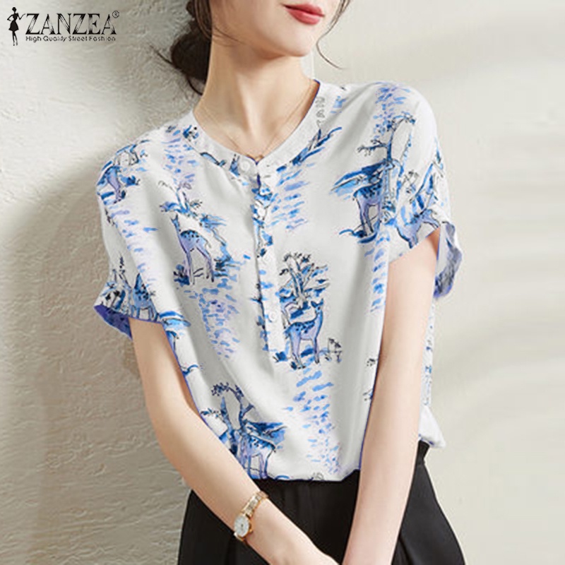 Áo ZANZEA ngắn tay cổ tròn hở lưng thời trang Hàn Quốc cho nữ