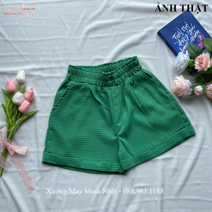 Quần đùi nữ mặc nhà lưng cao cạp chun thun co giãn dáng quần ngủ nữ vải xốp ong gập gấu đi biển chơi hẹn hò thể thao đẹp