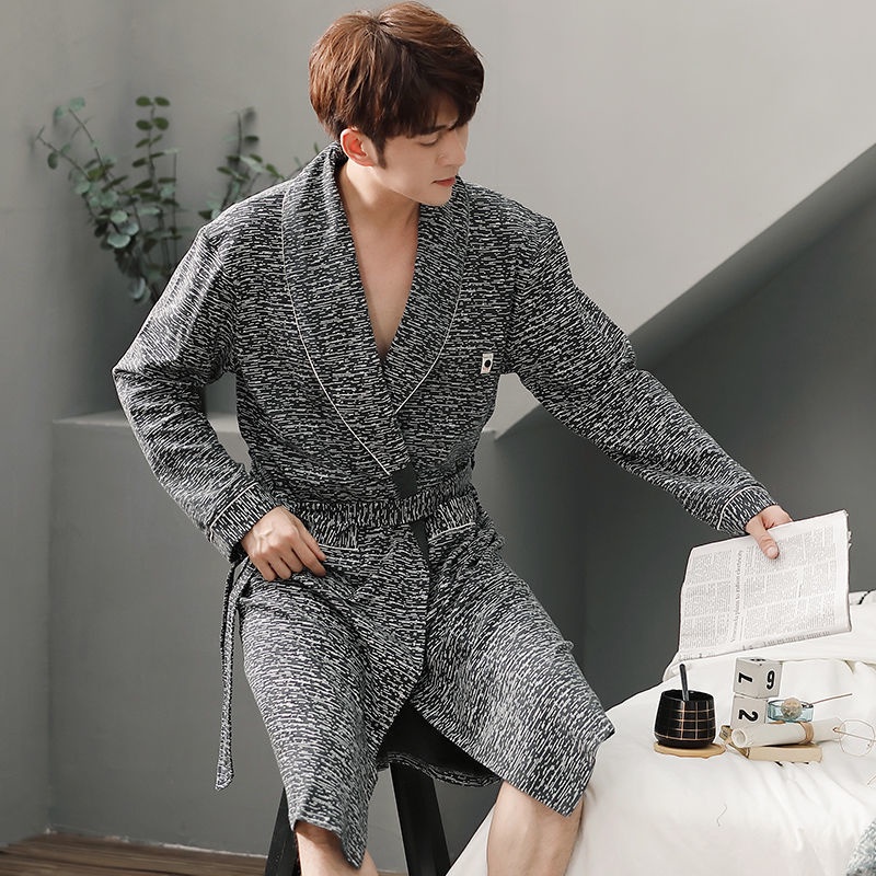 Áo choàng ngủ nam mùa xuân và thu dài tay tắm cotton màu, tắm, kimono, buổi sáng, phong cách đông, đồ size lớn, trẻ