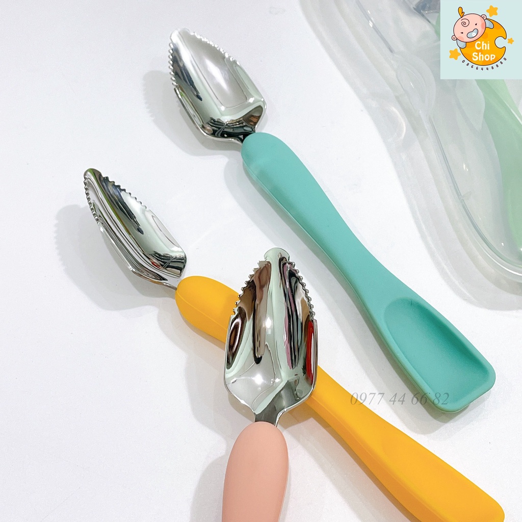 (Có hộp đựng sạch sẽ) Thìa nạo hoa quả 2 đầu tiện lợi dành cho bé kết hợp thìa ăn dặm silicon