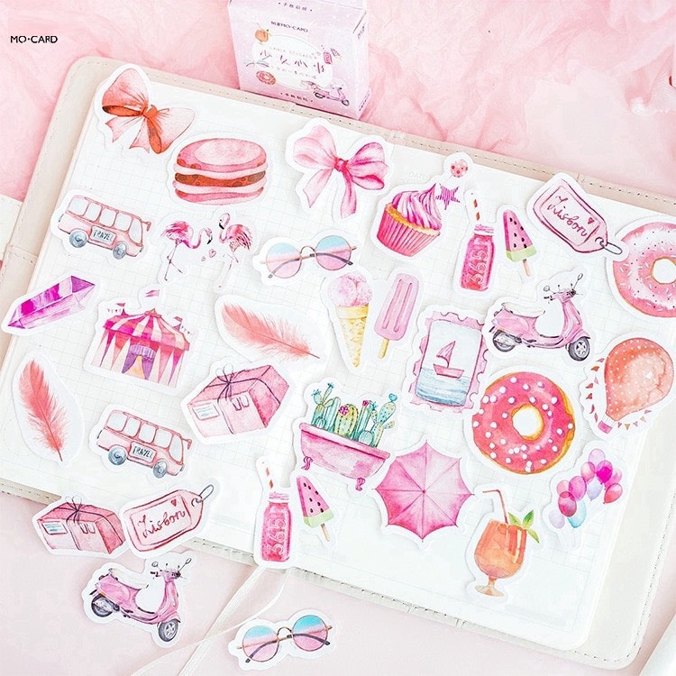 [HD29] Bộ 46 hình dán sticker Màu Hồng dễ thương trang trí sổ tay DIY