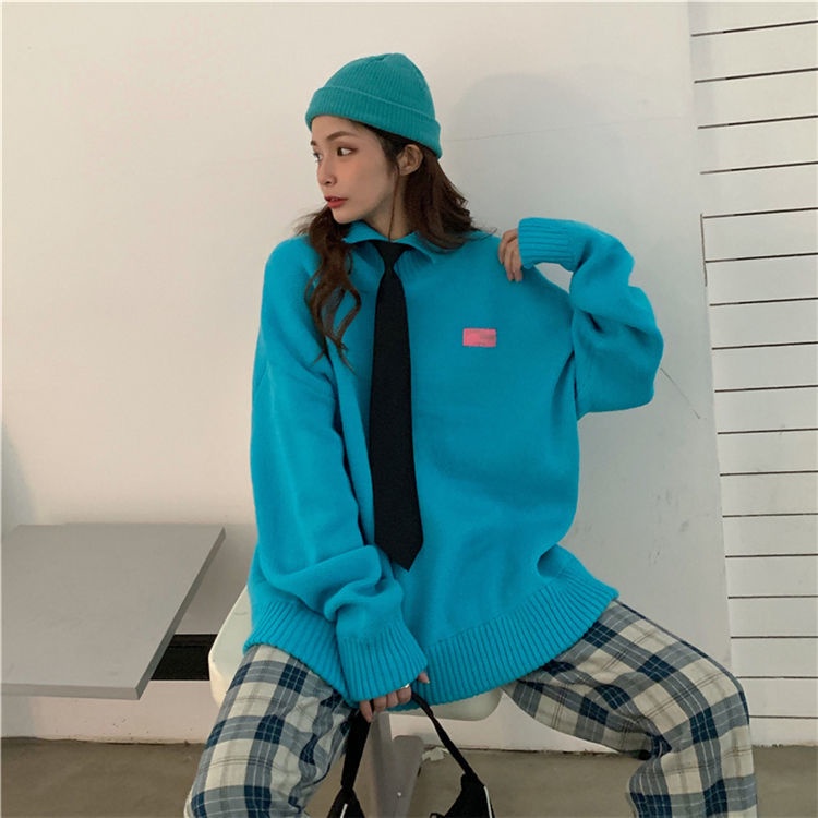Áo sweater tay dài dáng rộng cổ polo thiết kế mới thời trang theo phong cách hàn quốc
